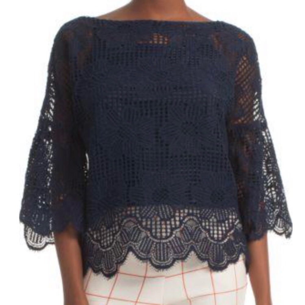 Trina Turk September Lace Top Floral Indigo Blue Scalloped Hem XS